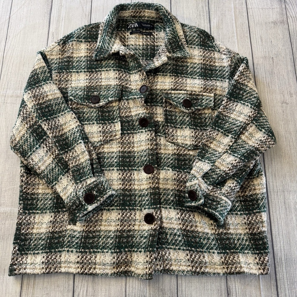 Zara Green Plaid Italian Fabric Shacket Oversized Tweed Shirt Jacket Size Large